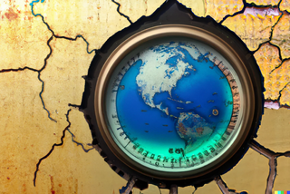 a old-fashioned thermostat on a cracked and weathered wall, with Earth in the center of the dial