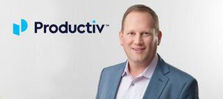 Head shot of man in suit with Productiv logo
